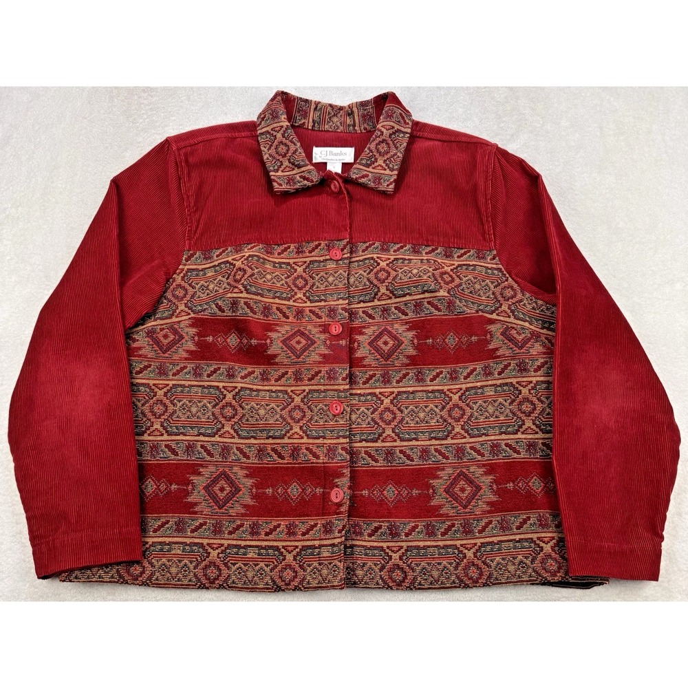 VTG CJ‎ Banks Fair Isle Shacket Women X Red Corduroy Aztec Full Button